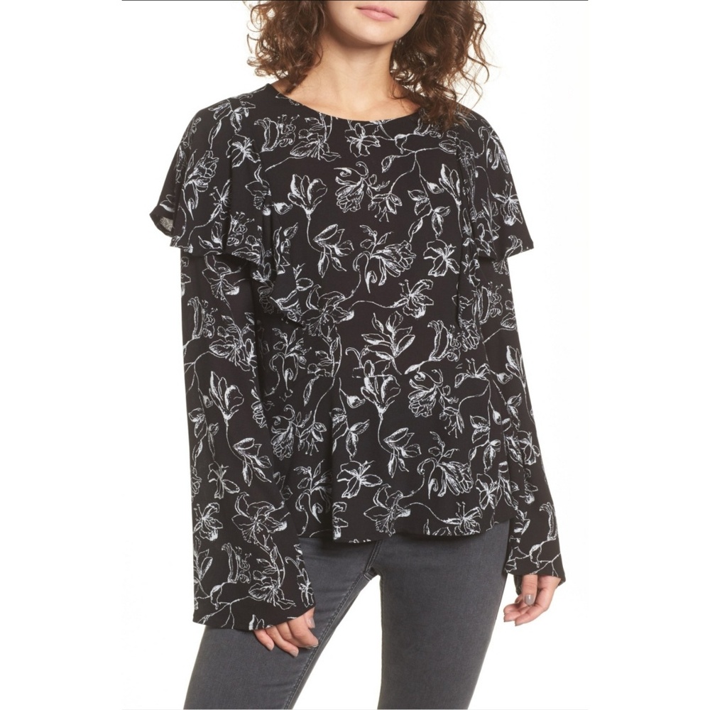 NWT BP. Floral Print Ruffle Blouse Sz S Black